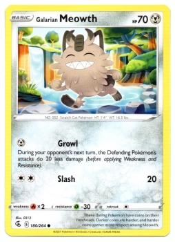 Galarian Meowth (Galar-Mauzi) | 180/264 | Schwert & Schild | Fusionsangriff | Englisch | Common | Non-Holo | Pokémon