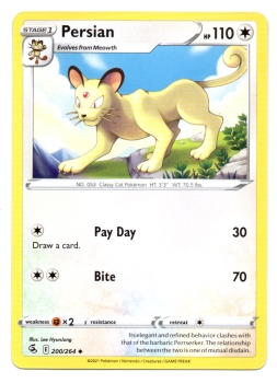 Persian (Snobilikat) | 200/264 | Schwert & Schild | Fusionsangriff | Englisch | Uncommon | Non-Holo | Pokémon
