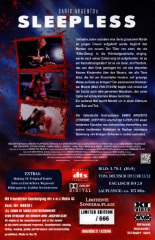 Dario Argento's Sleepless - Große Hartbox von XT Video Entertainment / NSM Records / e-m-s Media AG - Uncut Limited Edition - Ungekürzte Fassung - Limitierte Sonderauflage